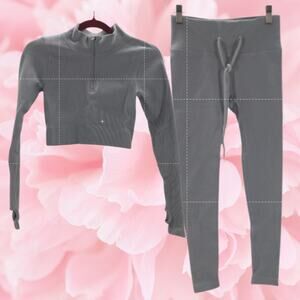 SPORTS 2 PC XS gray ribbed fitted athletic lounge comfort leggings top NEW B123